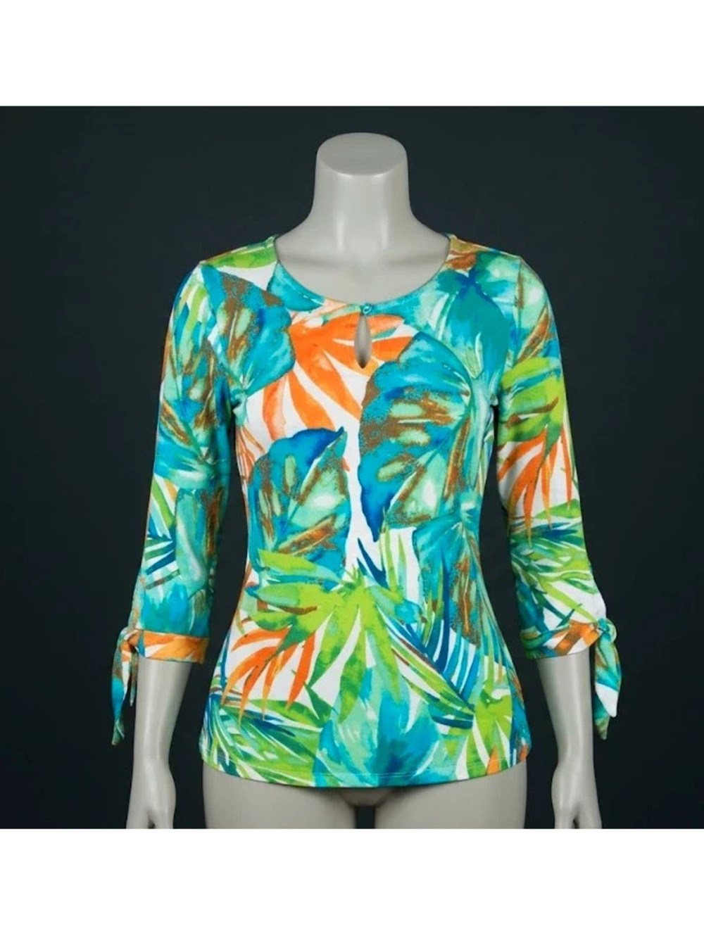 Soft Works Tropical Botanical Palm Print Tie Sleeve Top Size S/P